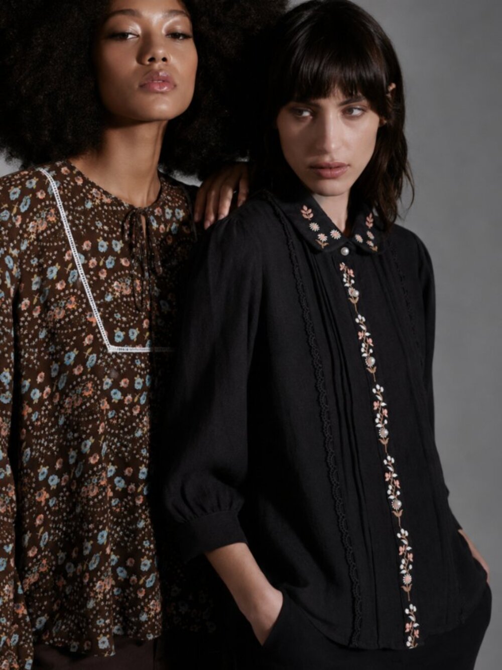 ✨2-Piece Blouse Set Romantic | Black Embroidered + Floral Brown